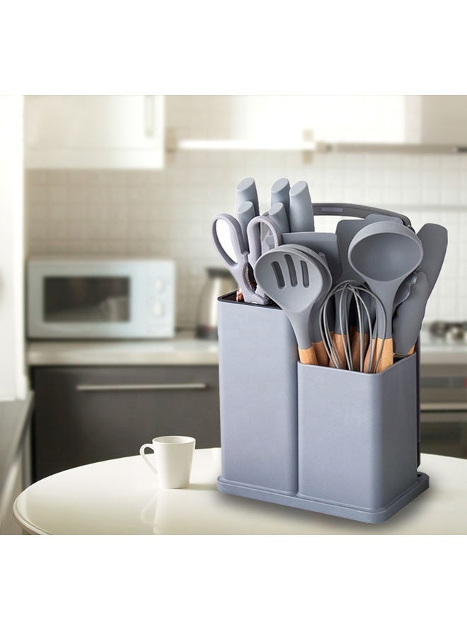 مجموعة أدوات طهي مكونة من 19 قطعة، مجموعة سكاكين المطبخ، تتضمن ملقطًا وملعقة وملعقة مسطحة ومقلاة، مقاومة للحرارة، آمنة غذائيًا، مقابض من السيليكون والخشب، مجموعات سكاكين المطبخ غير اللاصقة وأدوات المائدة - Image 4